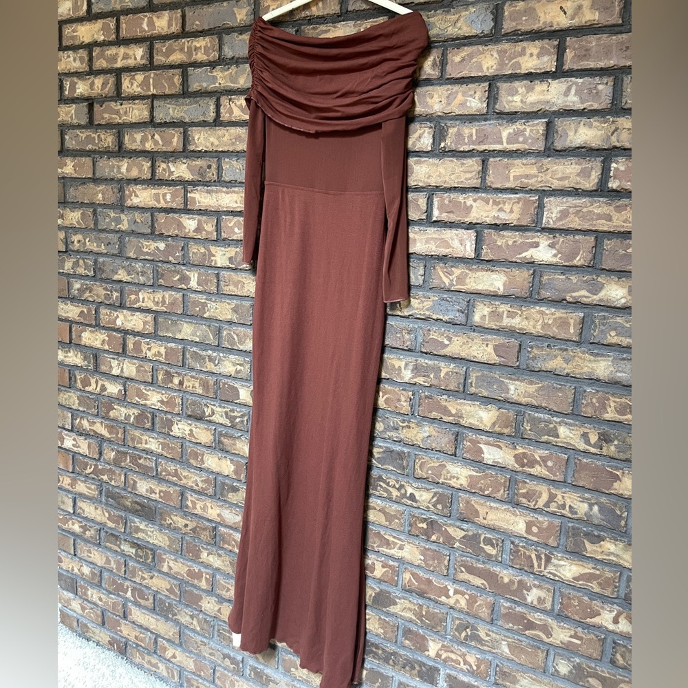 Commense Rust Brown Off-Shoulder Maxi Dress